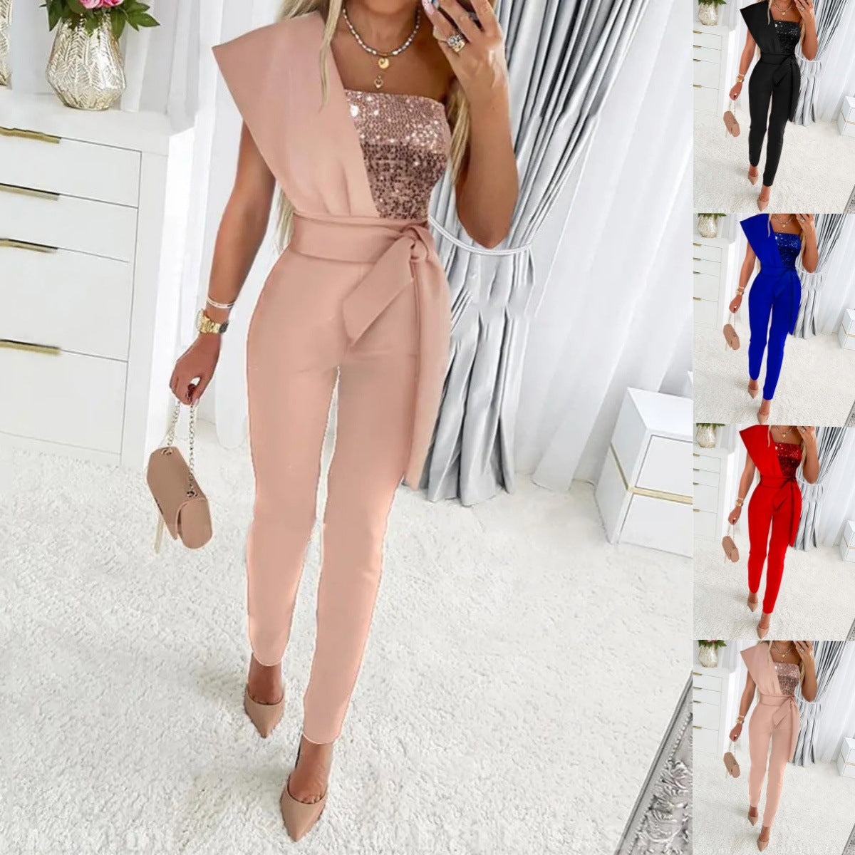 Eleganter Jumpsuit Damen mit asymmetrischem Schnitt und funkelnden Details | A&B - 9 - Annoboutique
