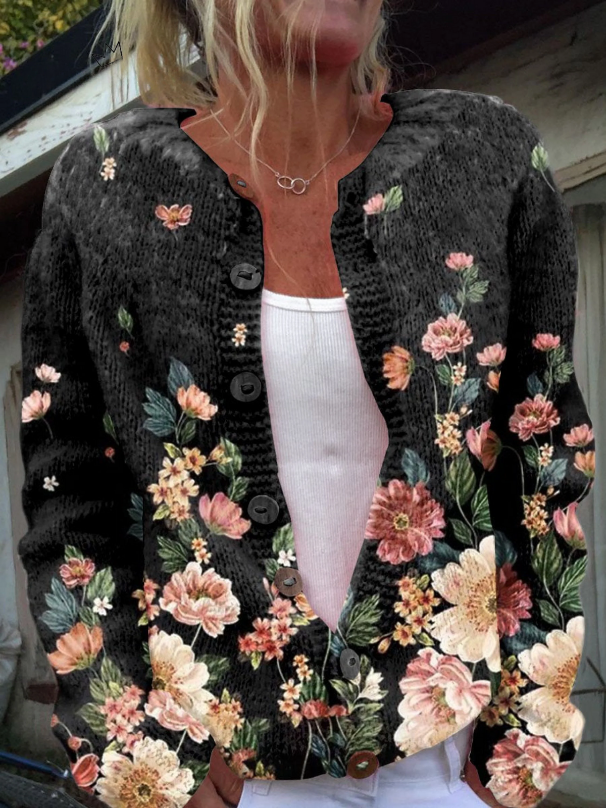 Floraler Damen Cardigan mit lockerer Passform und praktischer Knopfleiste | A&Z - 1 - Atelier-Zofia