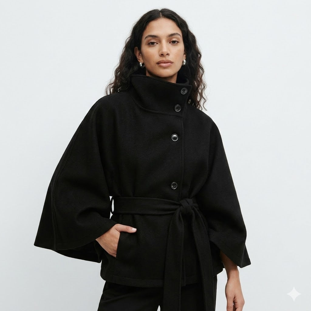 Women's Cape Coat with Belt and High Collar | M&B - 1 - Modern britwear
