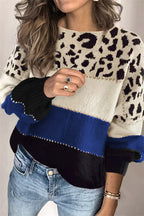 Women's Colour Block Pullover with Animal Print and Puff Sleeves - 1 - Rokvane