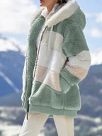 Women's Hooded Faux Fur Jacket with Colour Block Design - 2 - Rokvane