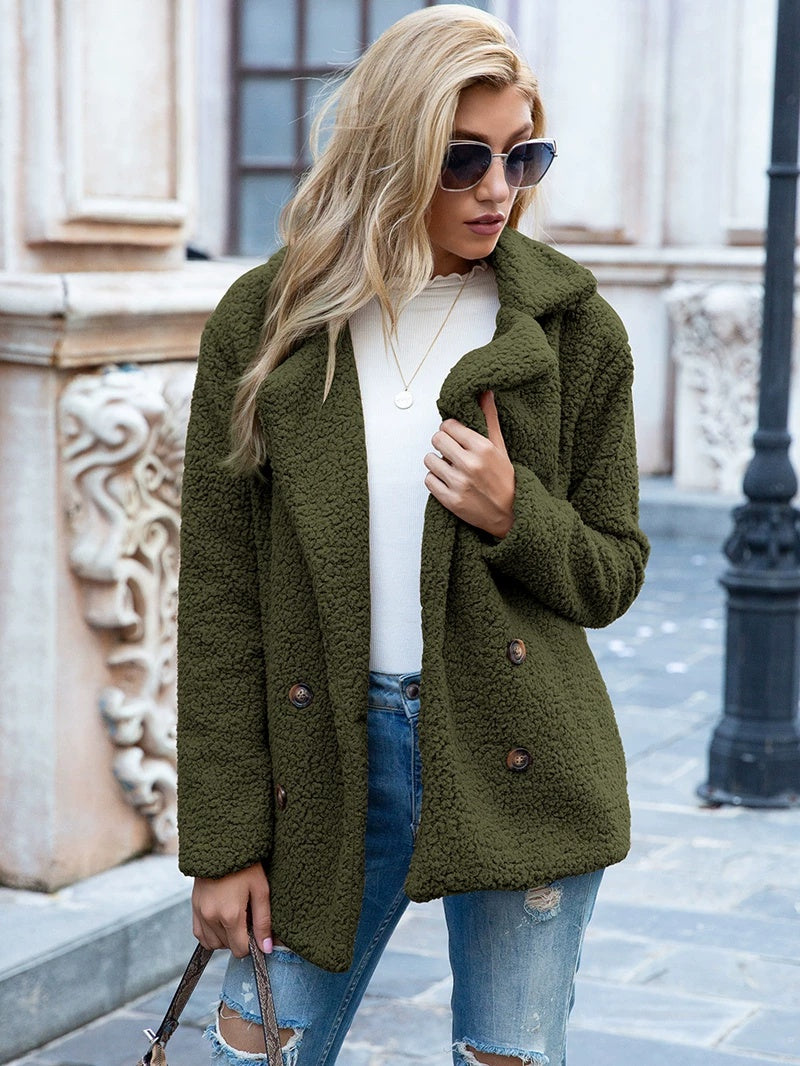 Women's Casual Jacket in Soft Fleece Look with Double Breasted Design - 5 - Rokvane