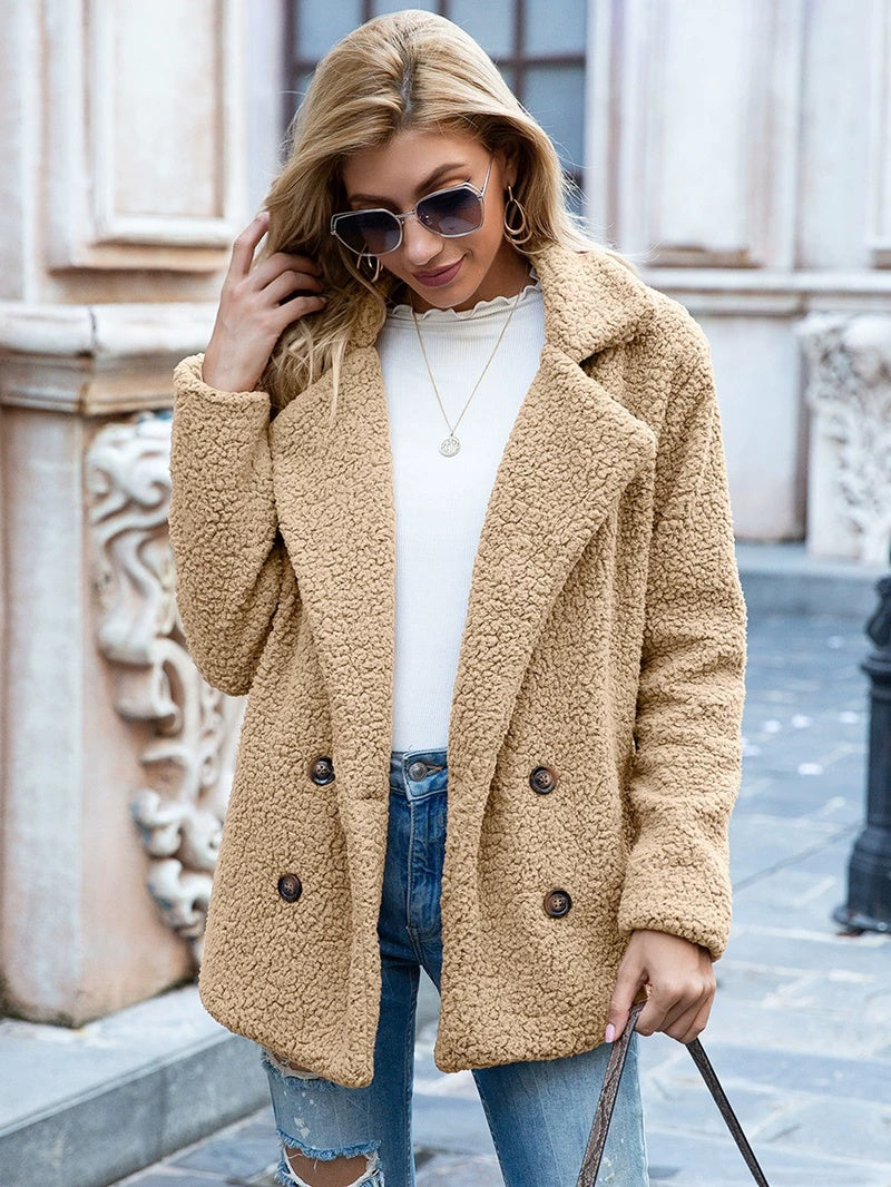 Women's Casual Jacket in Soft Fleece Look with Double Breasted Design - 6 - Rokvane