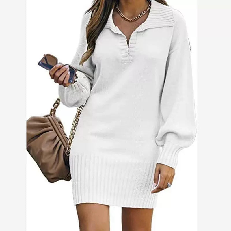 Knitted Mini Dress Women's Long Sleeve with Ribbed Hem - 3 - Rokvane