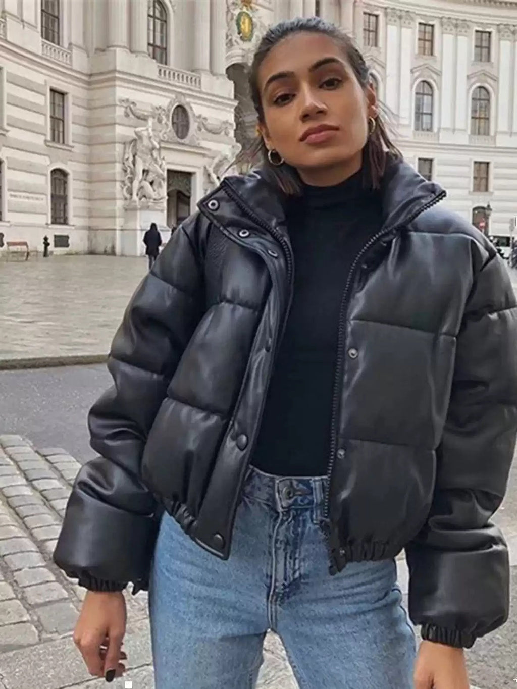 Puffer Jacket Women's Black Faux Leather Cropped Design - 1 - Rokvane