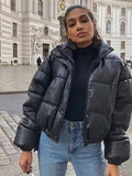 Puffer Jacket Women's Black Faux Leather Cropped Design - 1 - Rokvane