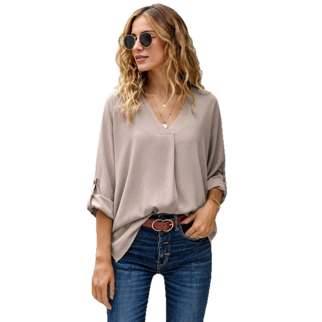 Bluse Damen beige lässig mit V-Ausschnitt und 3/4-Ärmeln - 1 - Atelier-Zofia