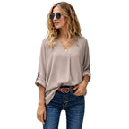 Bluse Damen beige lässig mit V-Ausschnitt und 3/4-Ärmeln - 1 - Atelier-Zofia