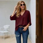 Bluse Damen beige lässig mit V-Ausschnitt und 3/4-Ärmeln - 3 - Atelier-Zofia