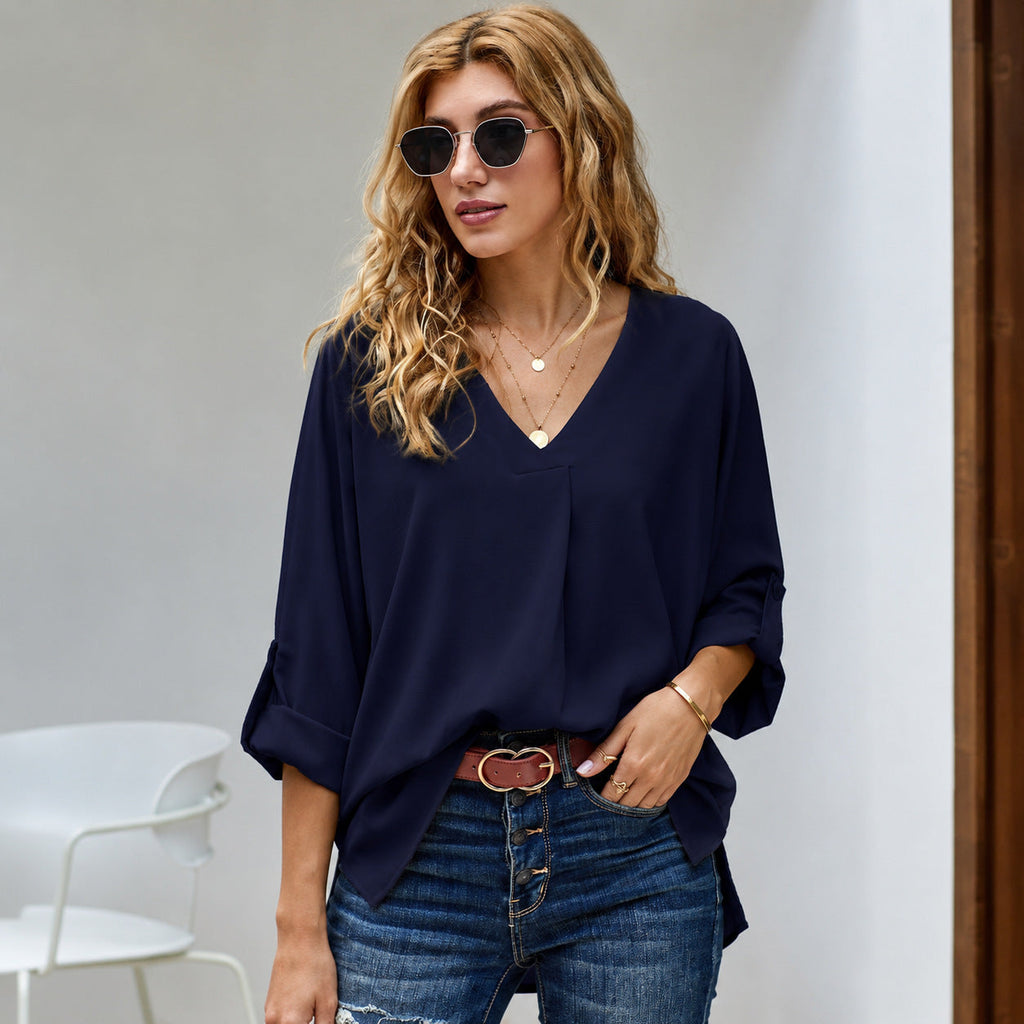 Bluse Damen beige lässig mit V-Ausschnitt und 3/4-Ärmeln - 5 - Atelier-Zofia