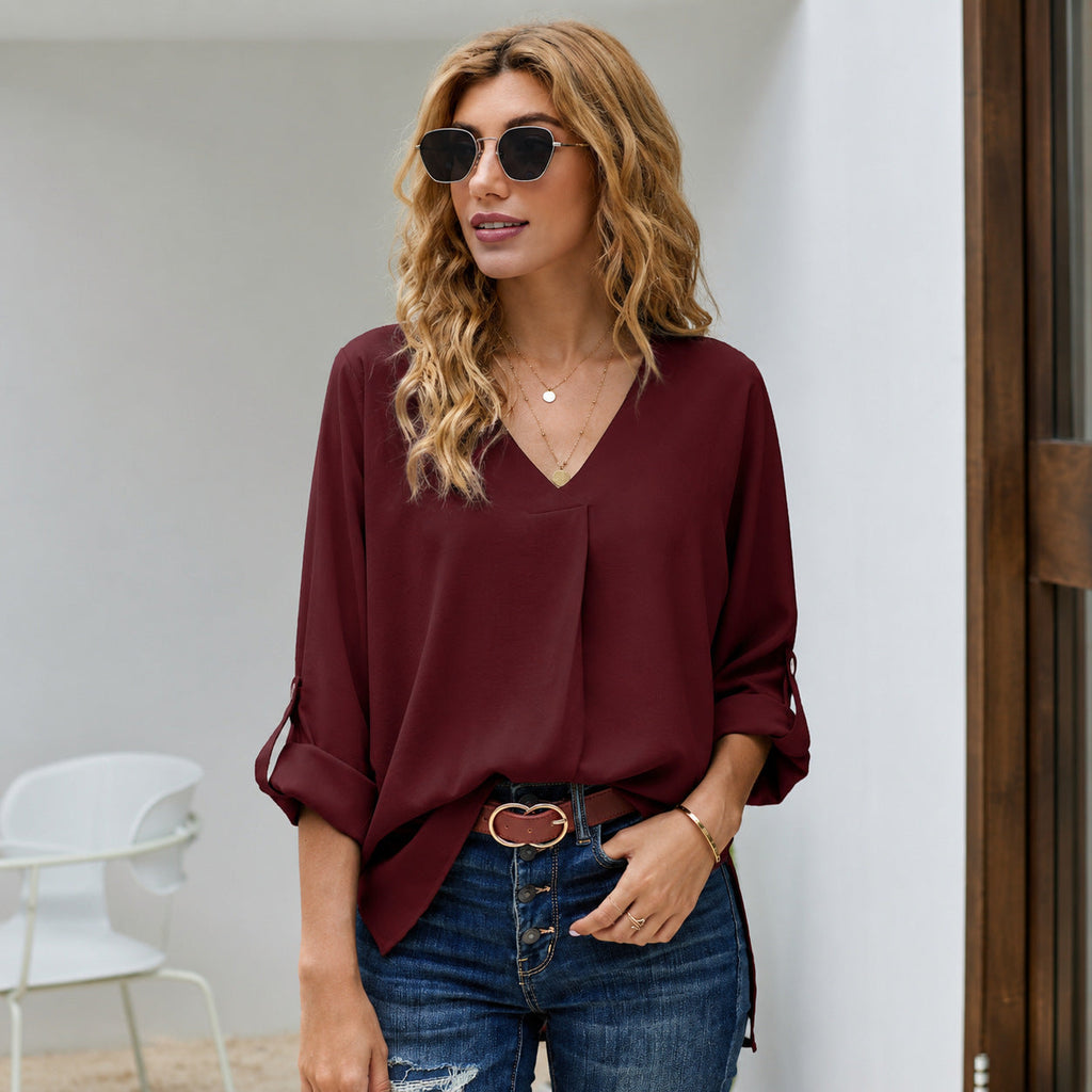 Bluse Damen beige lässig mit V-Ausschnitt und 3/4-Ärmeln - 7 - Atelier-Zofia