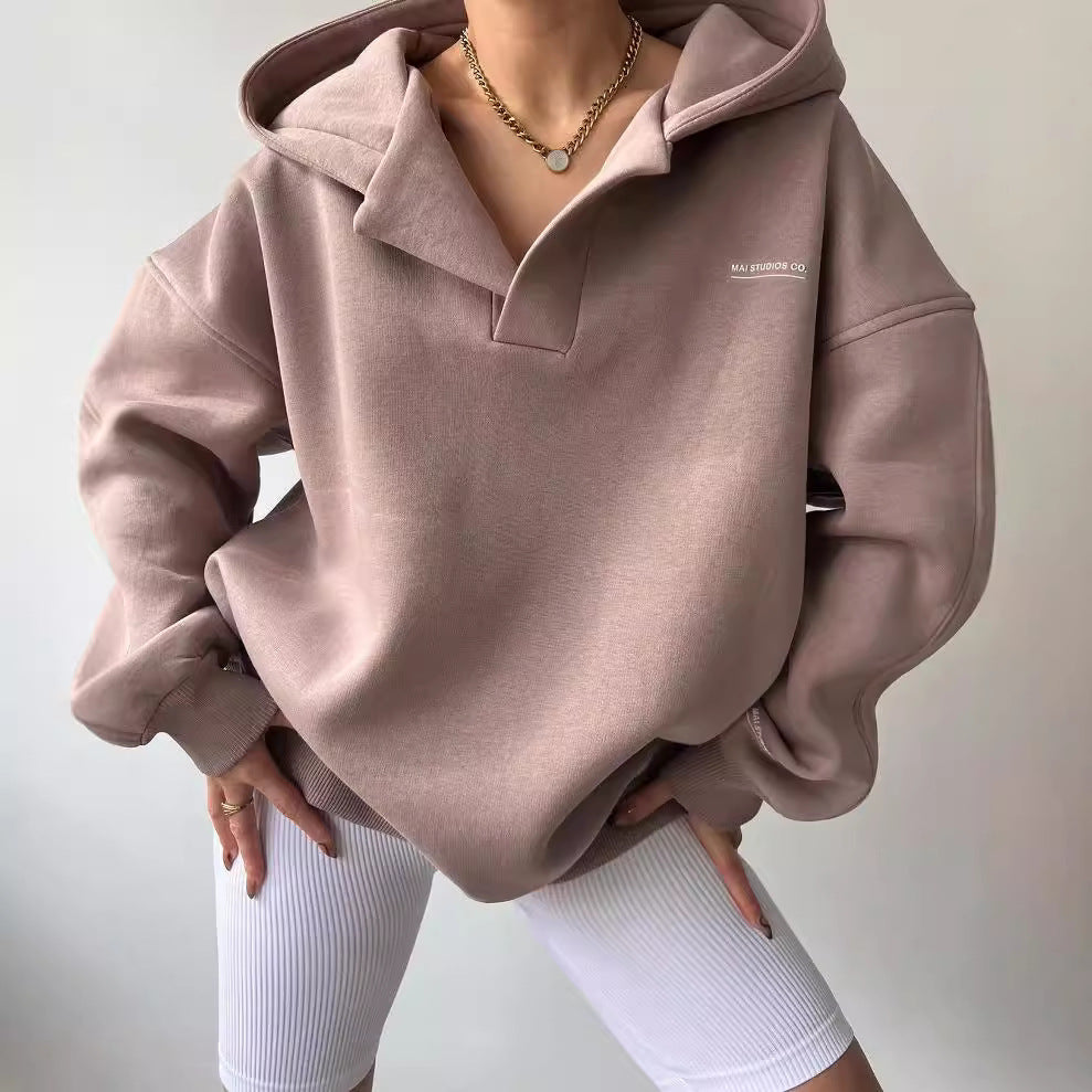 Hoodie Damen grau oversized mit Kragen und langen Ärmeln - 2 - Atelier-Zofia