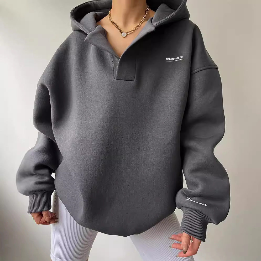 Hoodie Damen grau oversized mit Kragen und langen Ärmeln - 3 - Atelier-Zofia
