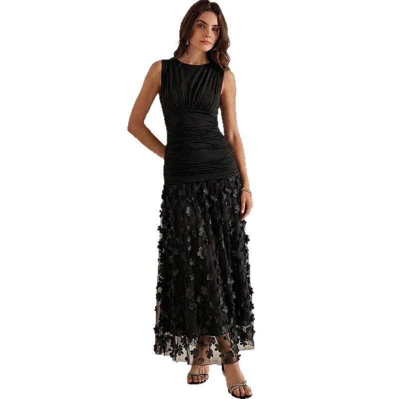 Maxikleid Damen schwarz figurbetont mit floralem Rock - 5 - Atelier-Zofia
