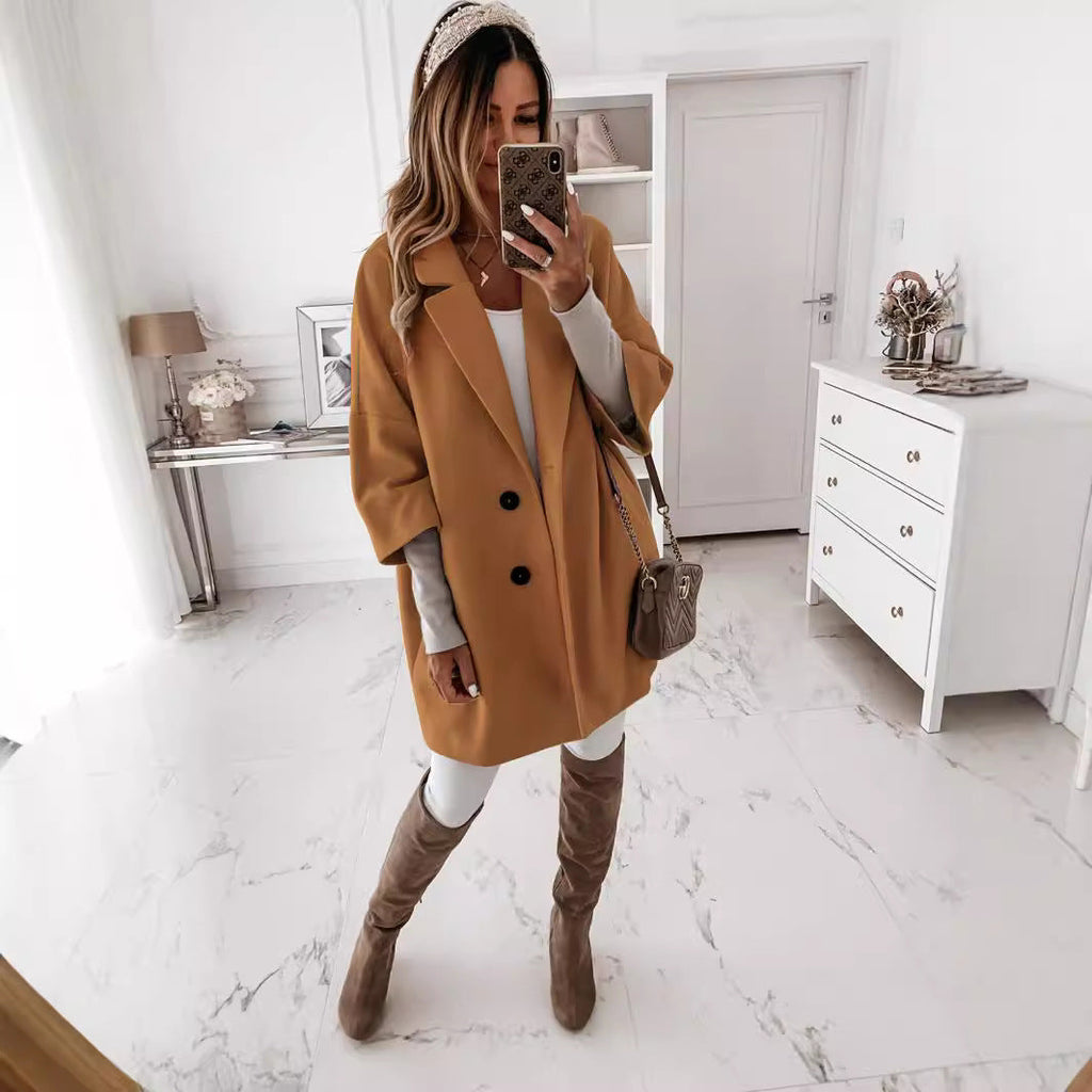 Jacke Damen beige oversized mit Reverskragen und Knopfleiste - 1 - Atelier-Zofia