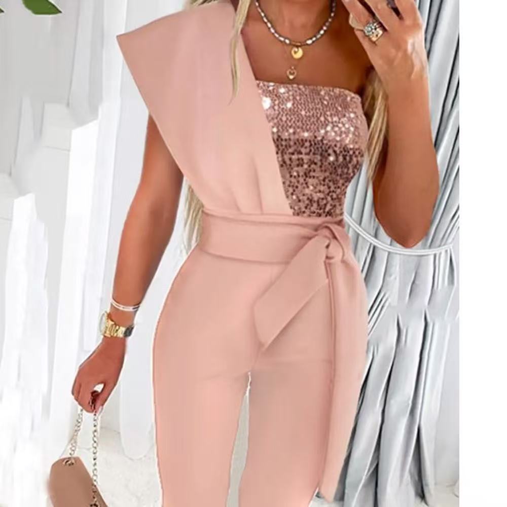 Jumpsuit Damen schwarz figurbetont mit Glitzer und asymmetrischem Design - 2 - Atelier-Zofia
