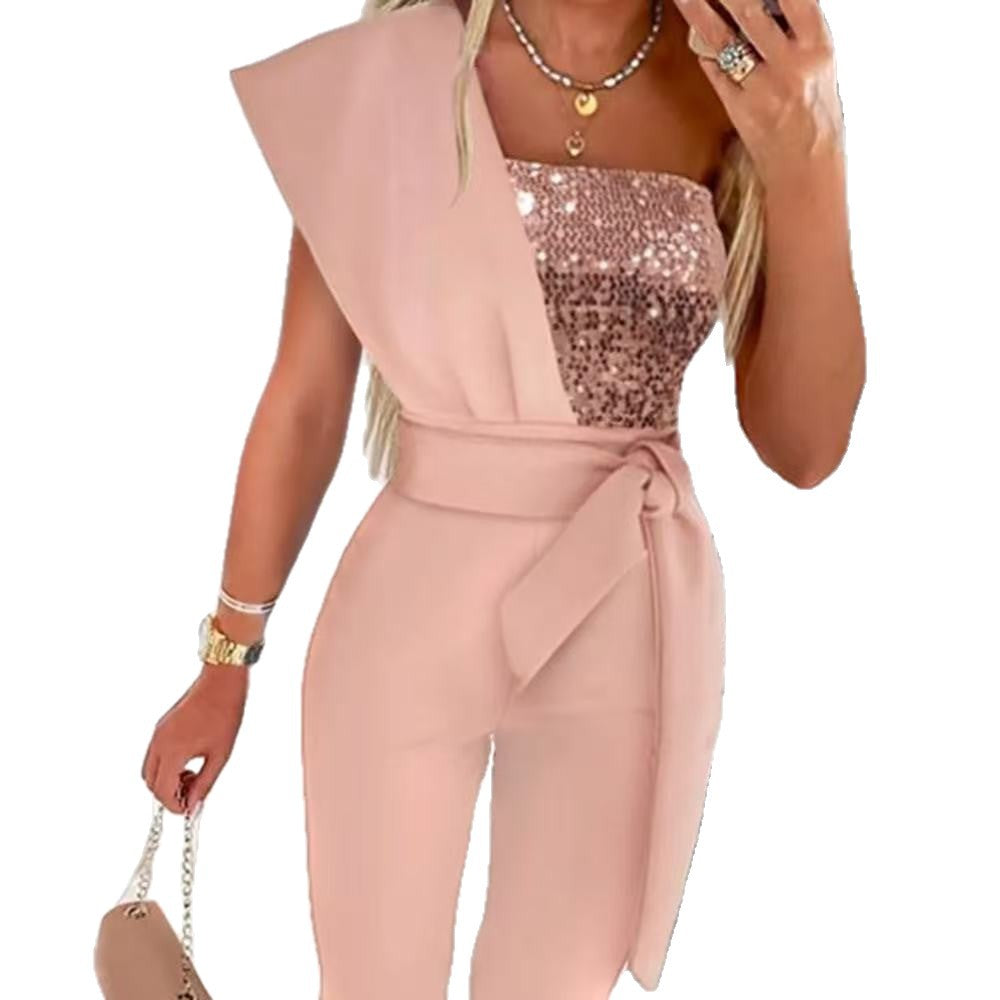 Jumpsuit Damen schwarz figurbetont mit Glitzer und asymmetrischem Design - 6 - Atelier-Zofia