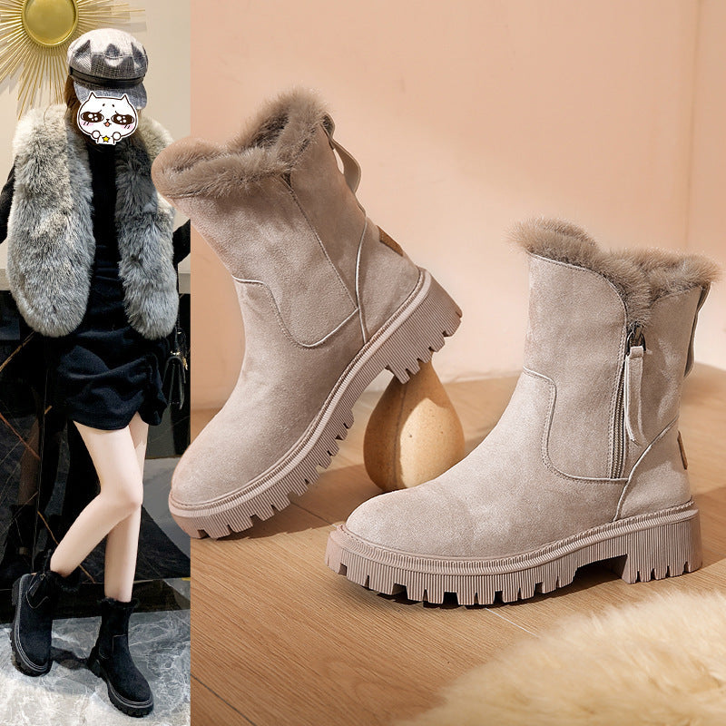 Stiefel Damen beige mit flauschigem Innenfutter und Reißverschluss - 1 - Atelier-Zofia