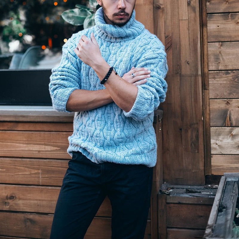 Pullover Herren blau mit hohem Kragen und strukturiertem Muster - 1 - Atelier-Zofia