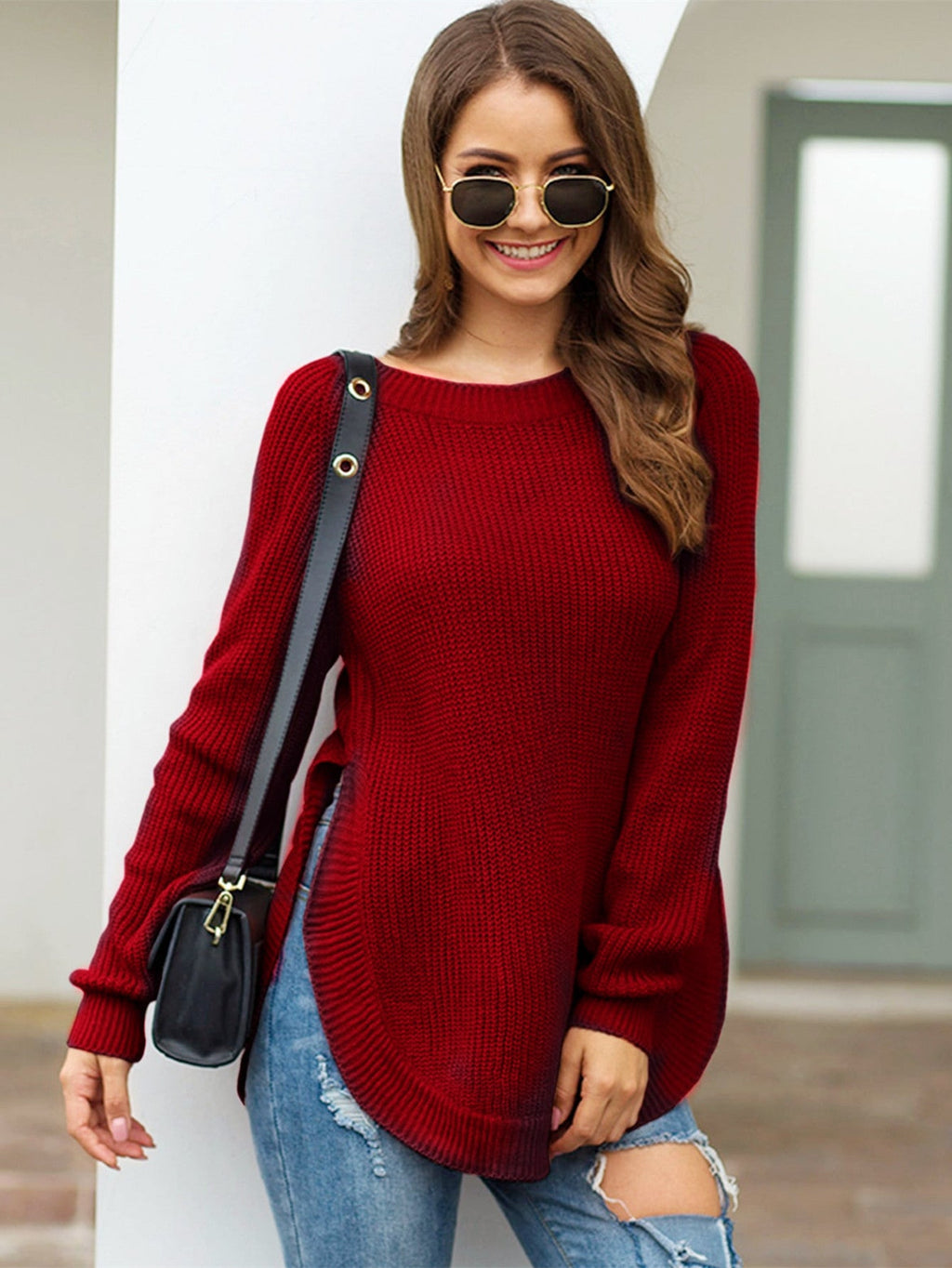 Pullover Damen rot tailliert mit Rundhalsausschnitt - 2 - Atelier-Zofia
