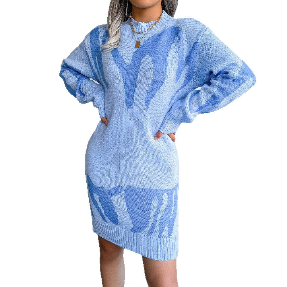 Kleid Damen blau figurbetont mit Rundhalsausschnitt und langen Ärmeln - 1 - Atelier-Zofia