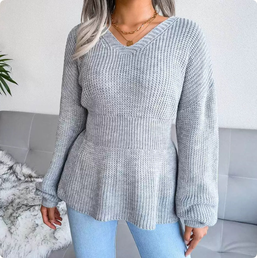 Pullover Damen grau tailliert mit V-Ausschnitt und weiten Ärmeln - 5 - Atelier-Zofia