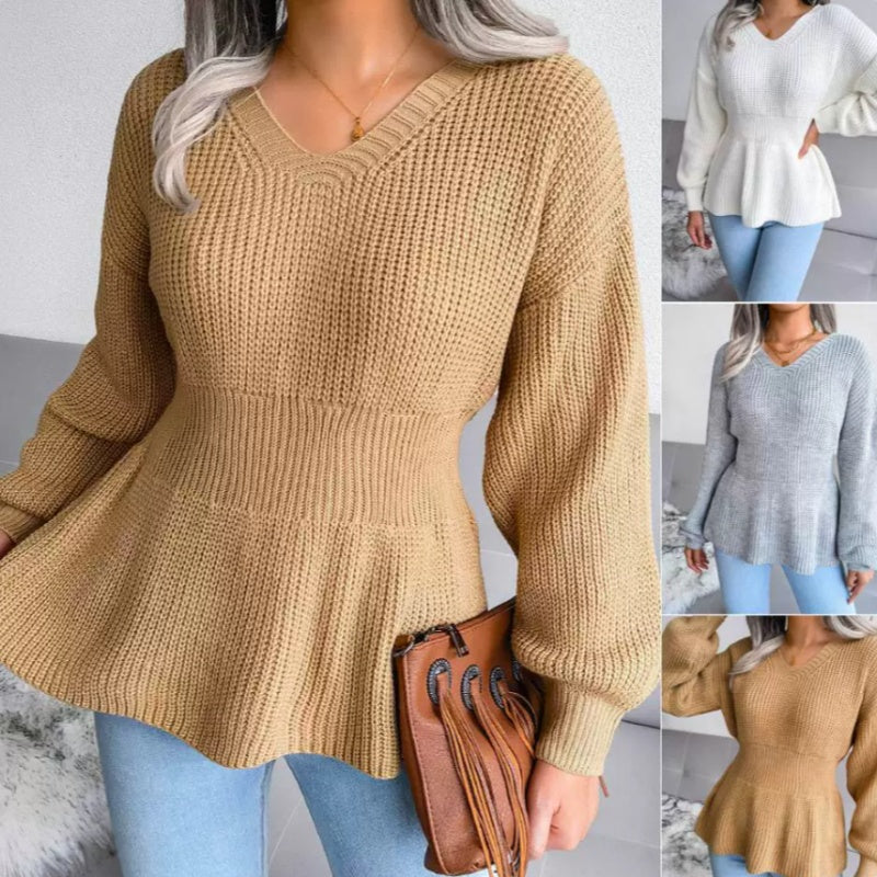 Pullover Damen grau tailliert mit V-Ausschnitt und weiten Ärmeln - 6 - Atelier-Zofia