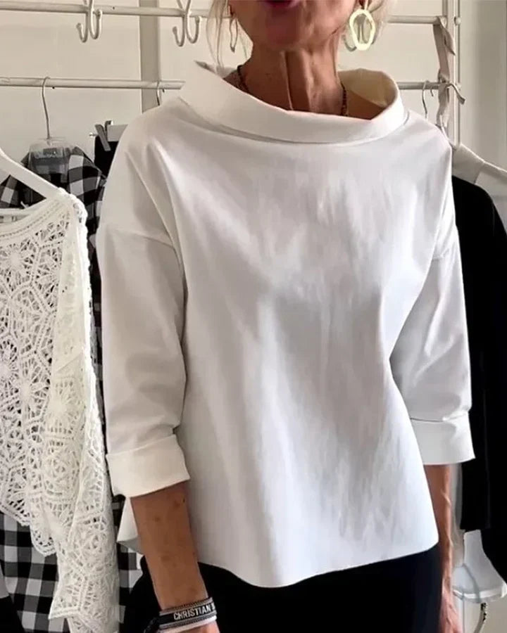 Bluse Damen schwarz tailliert mit weitem Kragen und 3/4-Ärmeln - 1 - Atelier-Zofia