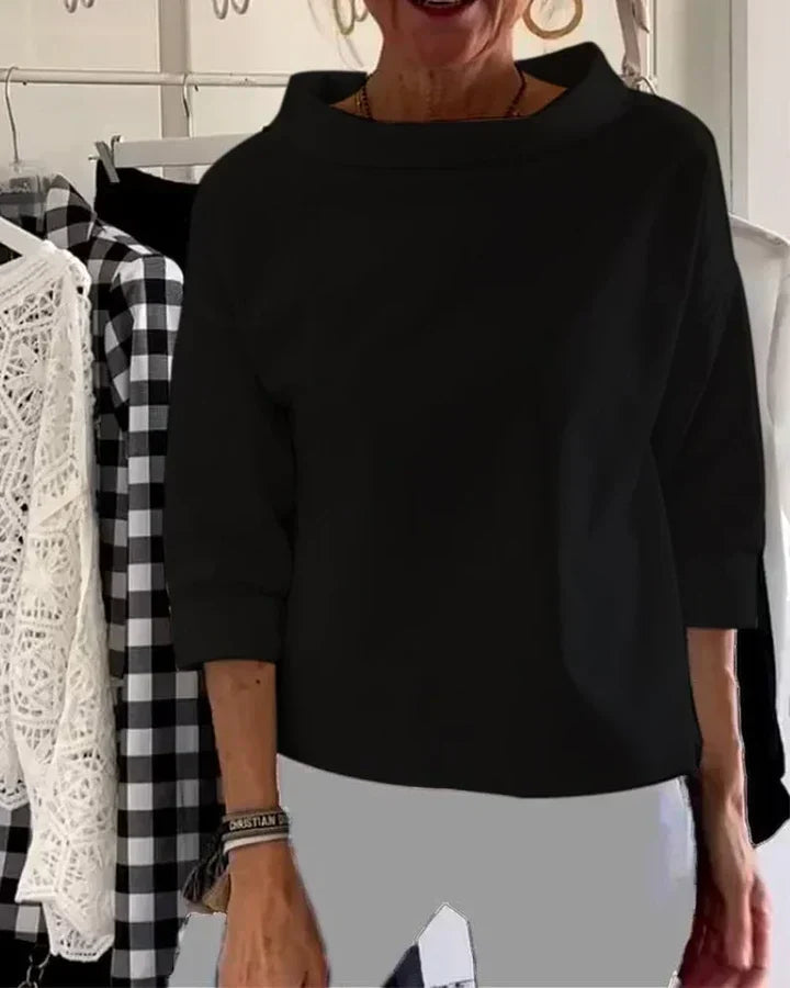 Bluse Damen schwarz tailliert mit weitem Kragen und 3/4-Ärmeln - 2 - Atelier-Zofia