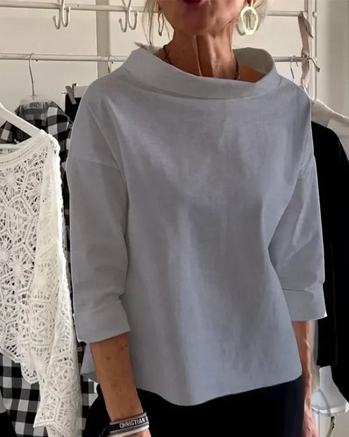 Bluse Damen schwarz tailliert mit weitem Kragen und 3/4-Ärmeln - 4 - Atelier-Zofia