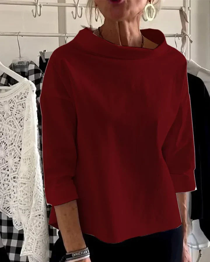 Bluse Damen schwarz tailliert mit weitem Kragen und 3/4-Ärmeln - 6 - Atelier-Zofia