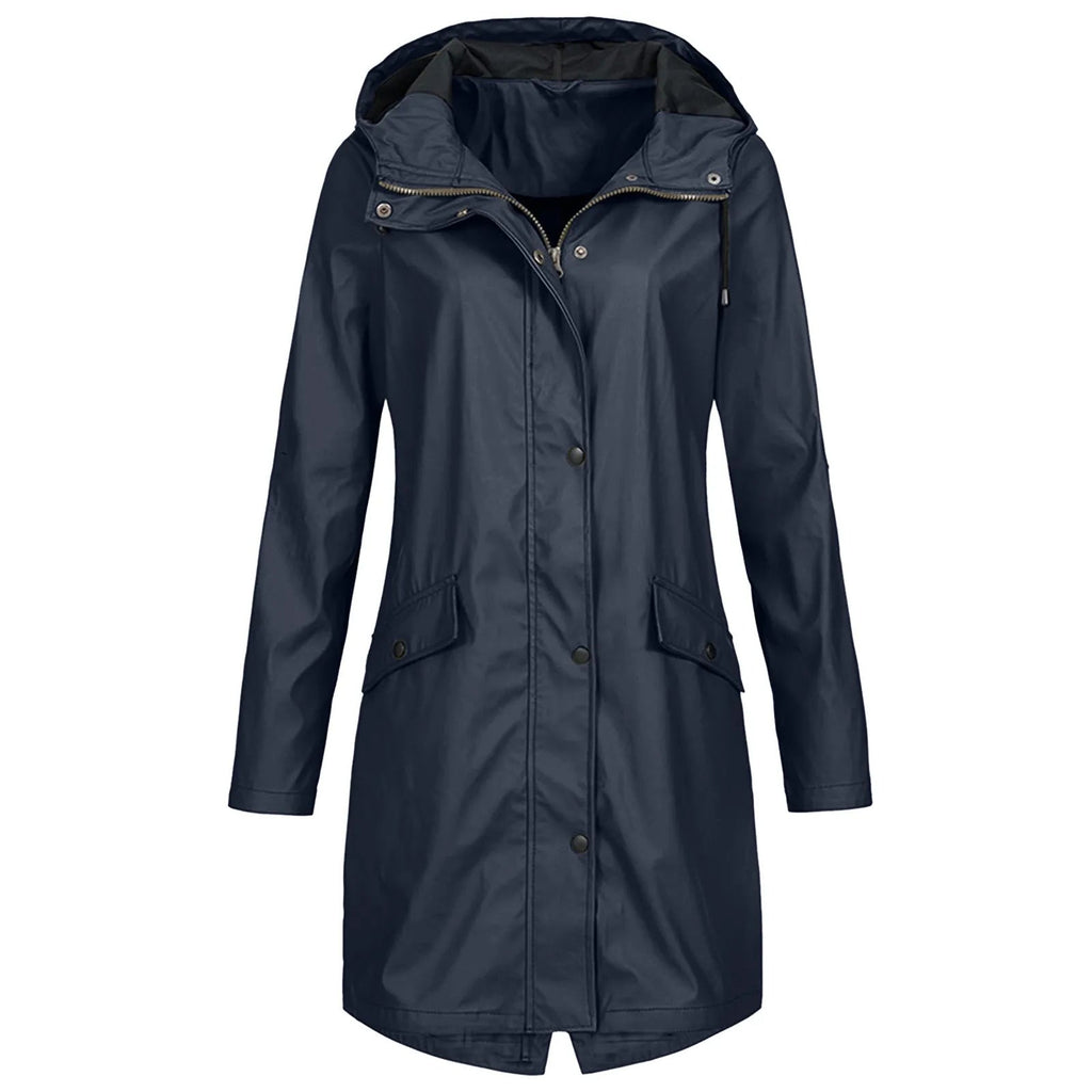 Regenjacke Damen blau tailliert mit Kapuze und Taschen - 1 - Atelier-Zofia