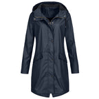 Regenjacke Damen blau tailliert mit Kapuze und Taschen - 1 - Atelier-Zofia