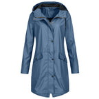 Regenjacke Damen blau tailliert mit Kapuze und Taschen - 3 - Atelier-Zofia