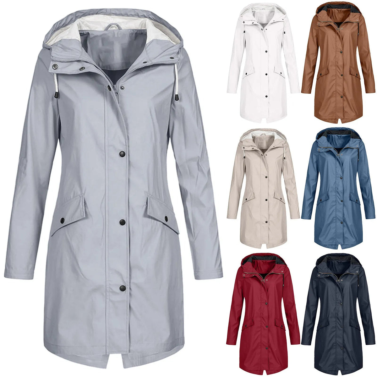 Regenjacke Damen blau tailliert mit Kapuze und Taschen - 8 - Atelier-Zofia