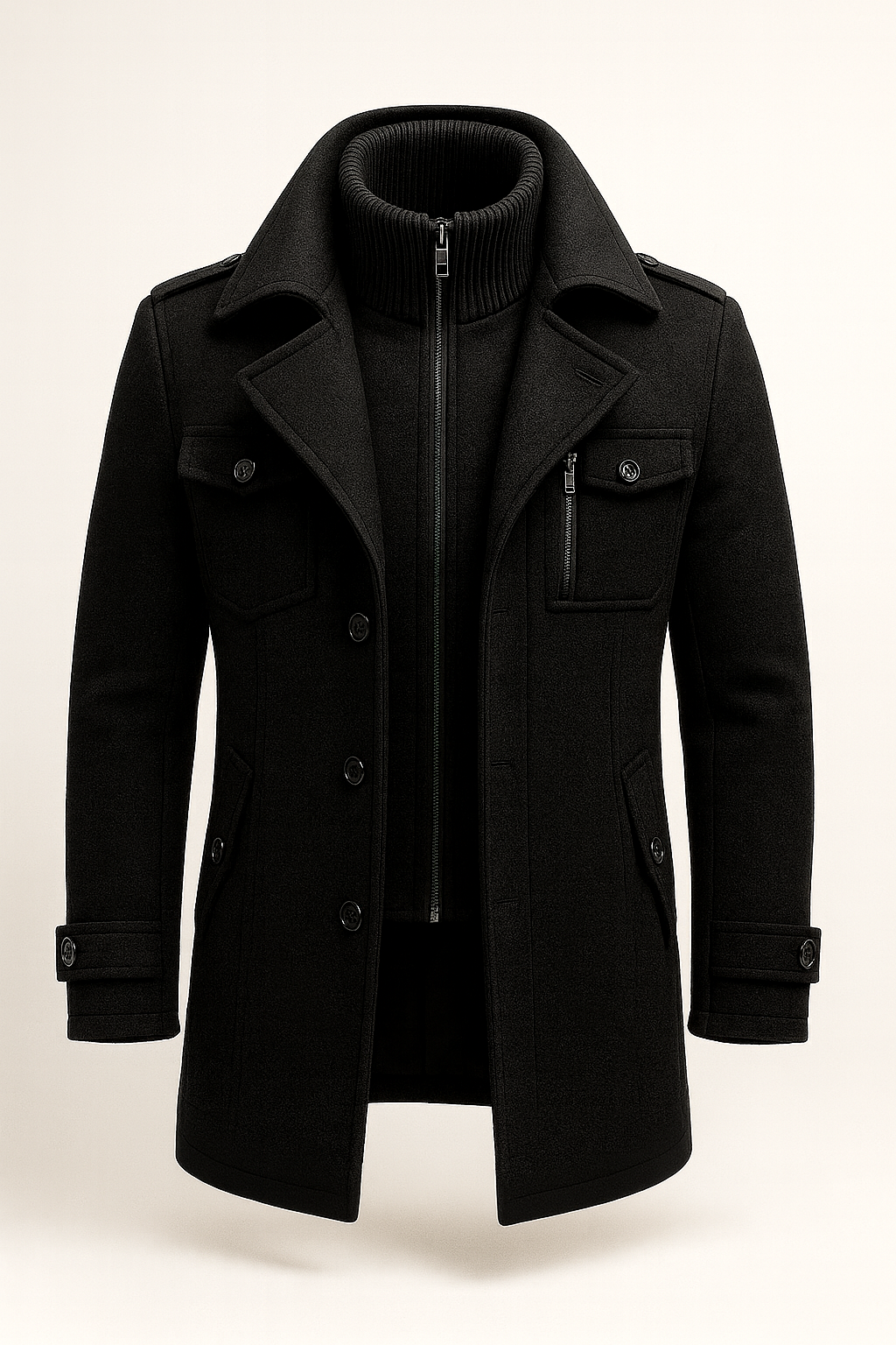 Wollmantel Herren schwarz tailliert mit Stehkragen und Taschen - 1 - Atelier-Zofia