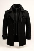 Wollmantel Herren schwarz tailliert mit Stehkragen und Taschen - 1 - Atelier-Zofia