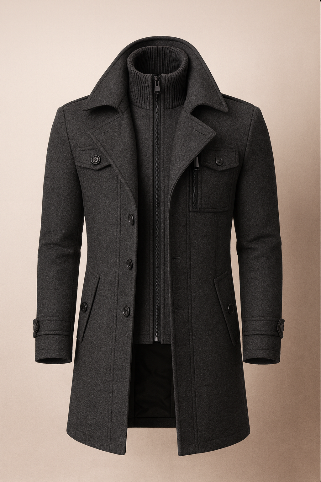 Wollmantel Herren schwarz tailliert mit Stehkragen und Taschen - 3 - Atelier-Zofia