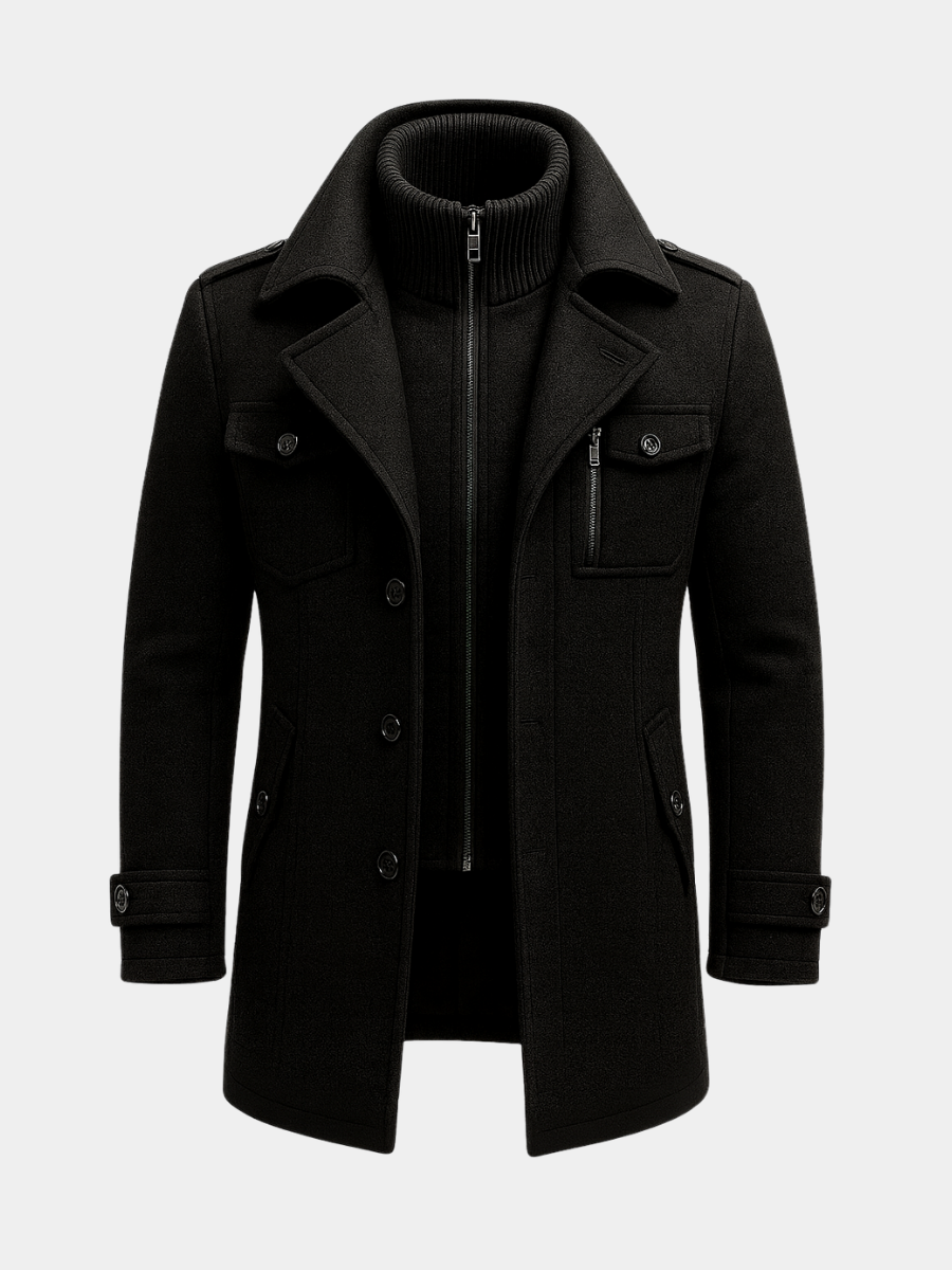 Wollmantel Herren schwarz tailliert mit Stehkragen und Taschen - 4 - Atelier-Zofia