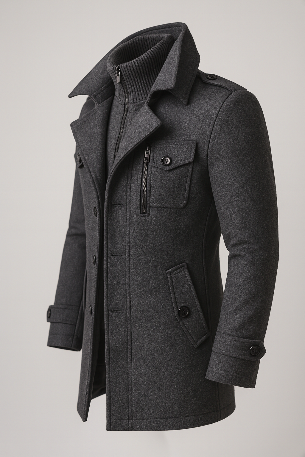 Wollmantel Herren schwarz tailliert mit Stehkragen und Taschen - 5 - Atelier-Zofia