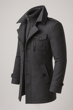 Wollmantel Herren schwarz tailliert mit Stehkragen und Taschen - 5 - Atelier-Zofia