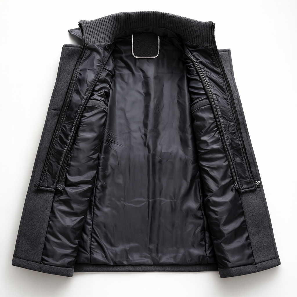Wollmantel Herren schwarz tailliert mit Stehkragen und Taschen - 6 - Atelier-Zofia