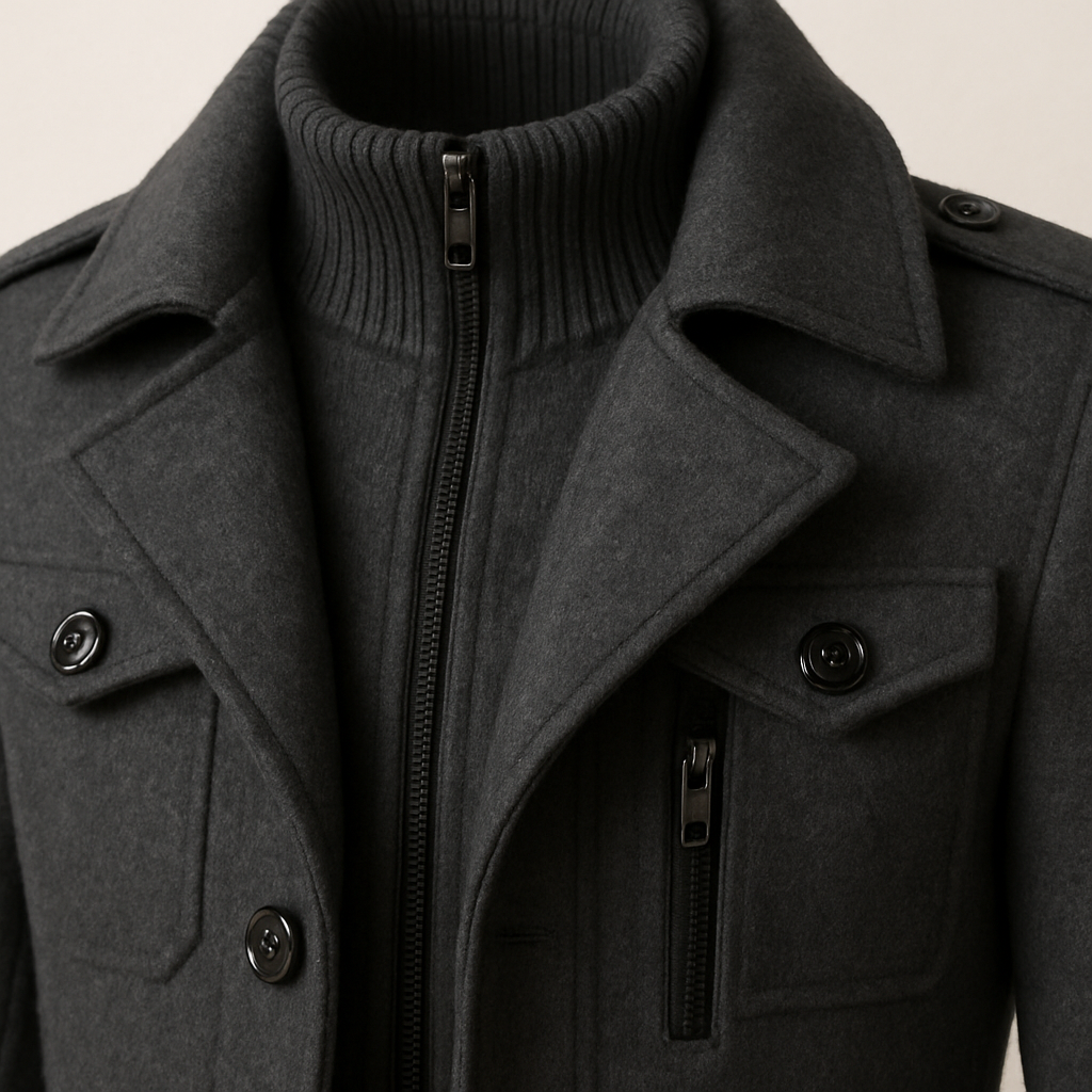 Wollmantel Herren schwarz tailliert mit Stehkragen und Taschen - 7 - Atelier-Zofia