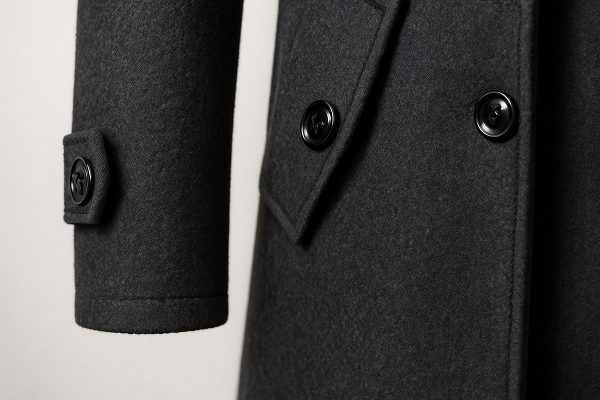Wollmantel Herren schwarz tailliert mit Stehkragen und Taschen - 8 - Atelier-Zofia