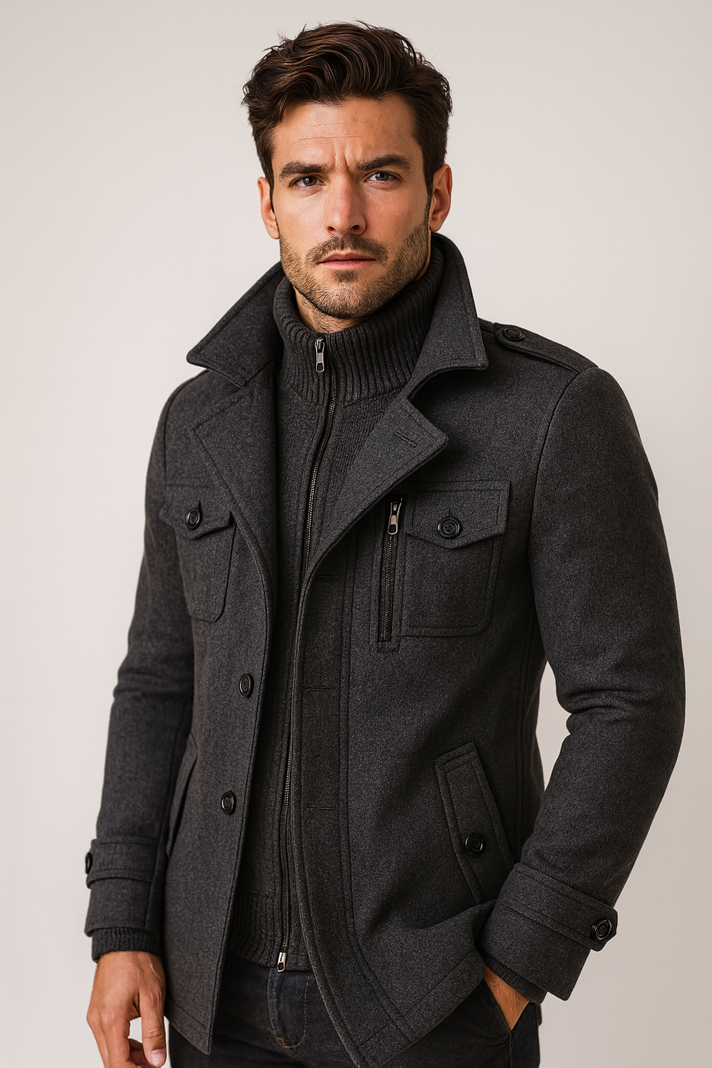 Wollmantel Herren schwarz tailliert mit Stehkragen und Taschen - 9 - Atelier-Zofia