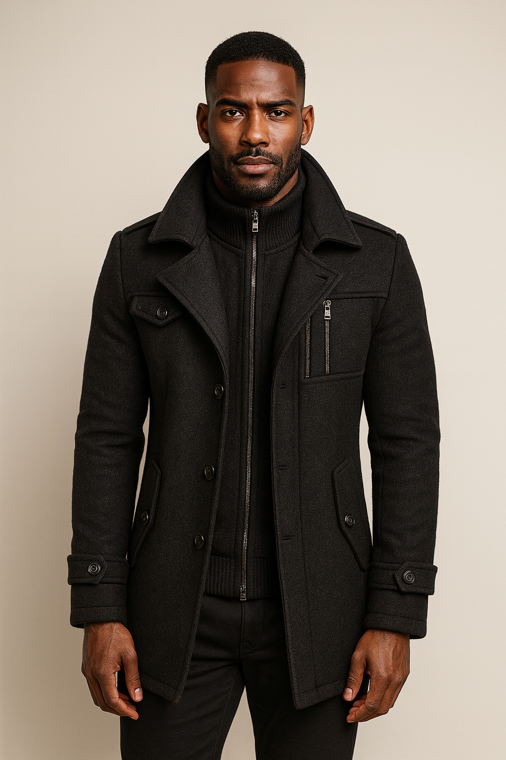 Wollmantel Herren schwarz tailliert mit Stehkragen und Taschen - 10 - Atelier-Zofia