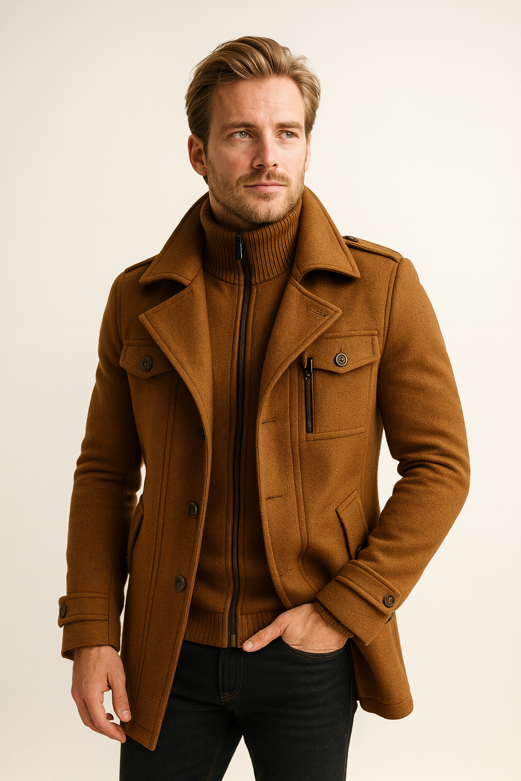 Wollmantel Herren schwarz tailliert mit Stehkragen und Taschen - 11 - Atelier-Zofia