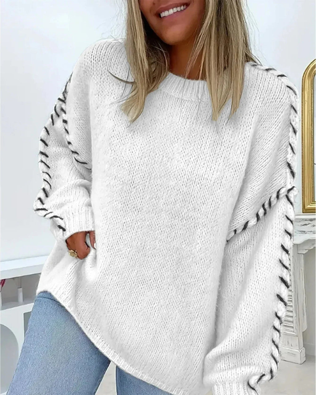 Pullover Damen schwarz weit mit Kontrastnähten - 3 - Atelier-Zofia