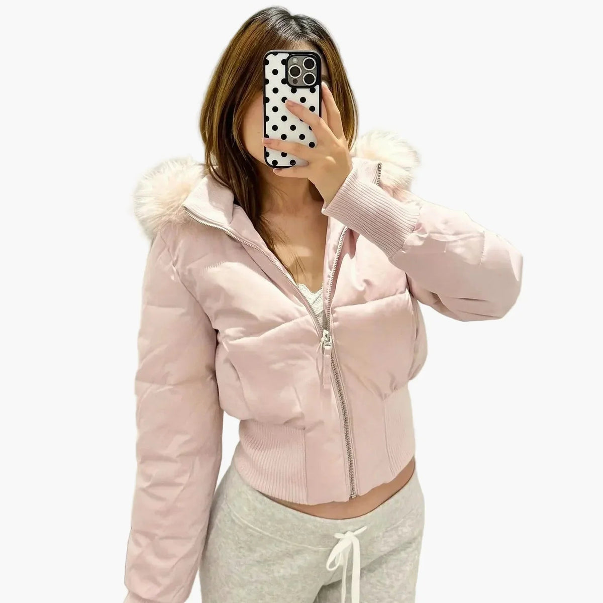 Winterjacke Damen rosa cropped mit Kapuze und Kunstfell - 1 - Atelier-Zofia