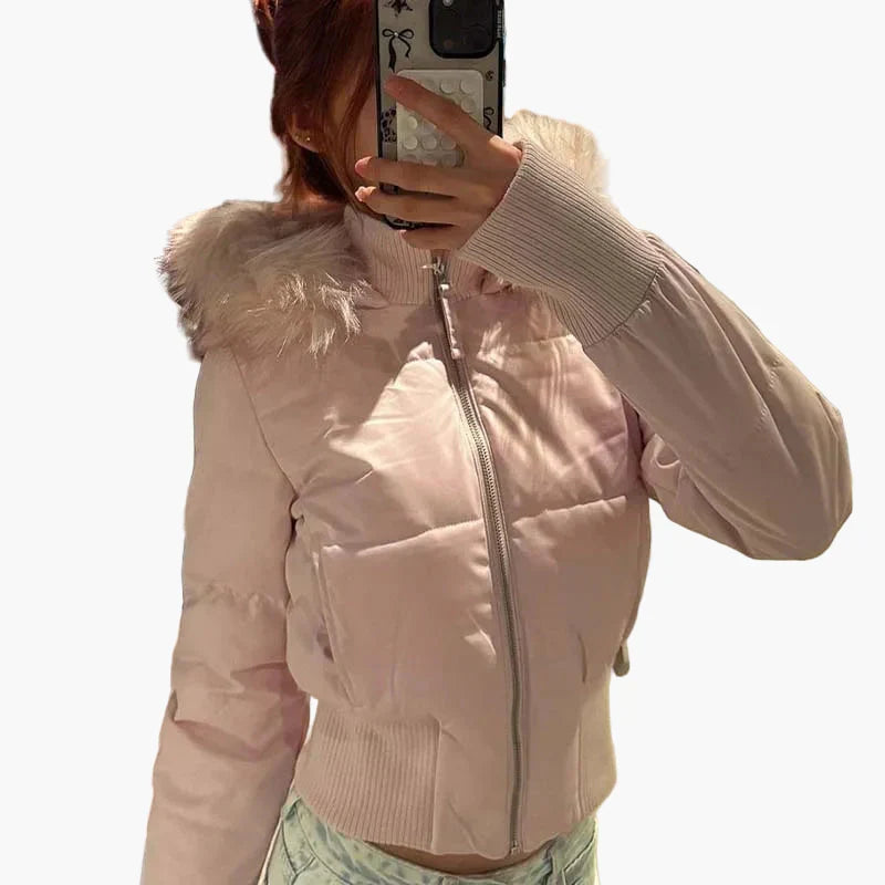 Winterjacke Damen rosa cropped mit Kapuze und Kunstfell - 4 - Atelier-Zofia